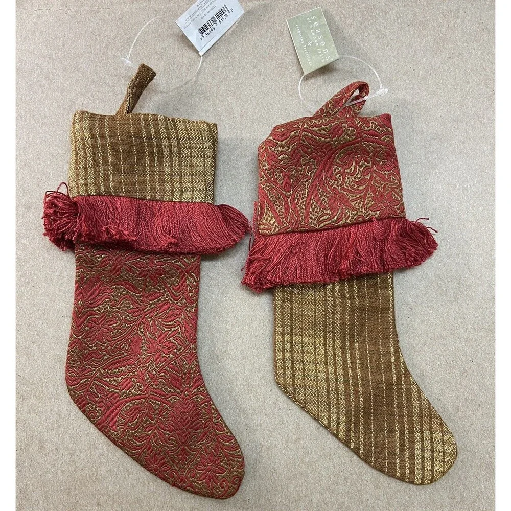 Red and Gold Tapestry Fringed Stocking Ornaments with Hangers Set of 2 8.5
